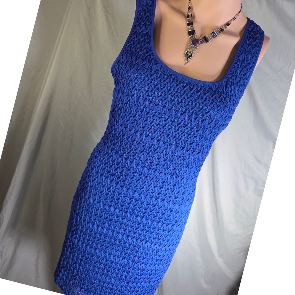 Guess Blue Sheath Coctail Dress Medium Textured Knit Crochet Holiday Party Glam
